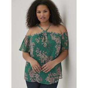 NWT Torrid 5X Floral Green Crinkle Chiffon Cold Shoulder Halter Top Size 28